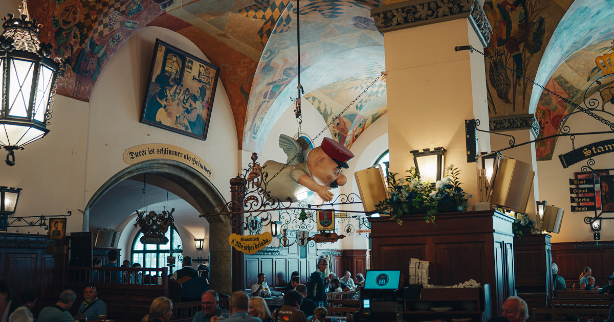 Bavarian restaurants and beerhalls are full of charm. A decorative restaurant interior in Bavaria including art and sculptures