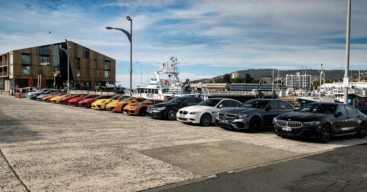 An assembly of guests’ supercars and sports cars on the HM Tasmanian Supercar Tour.