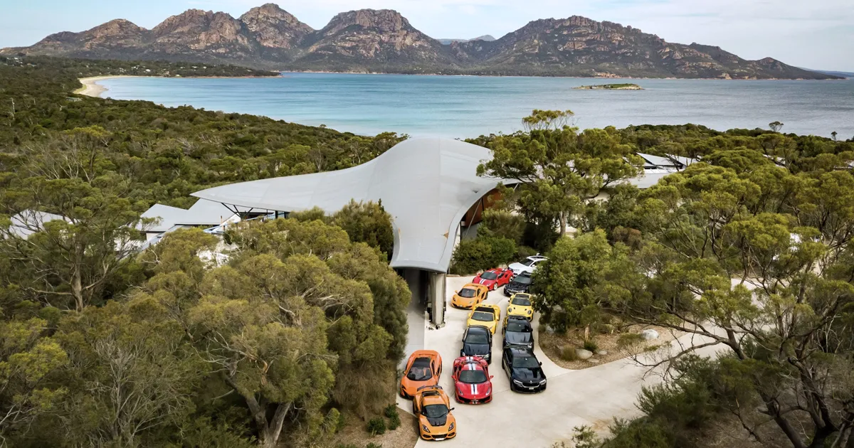 An elevated shot of Saffire Freycinet Resort, Tasmania, with the HunterMoss fleet outside.