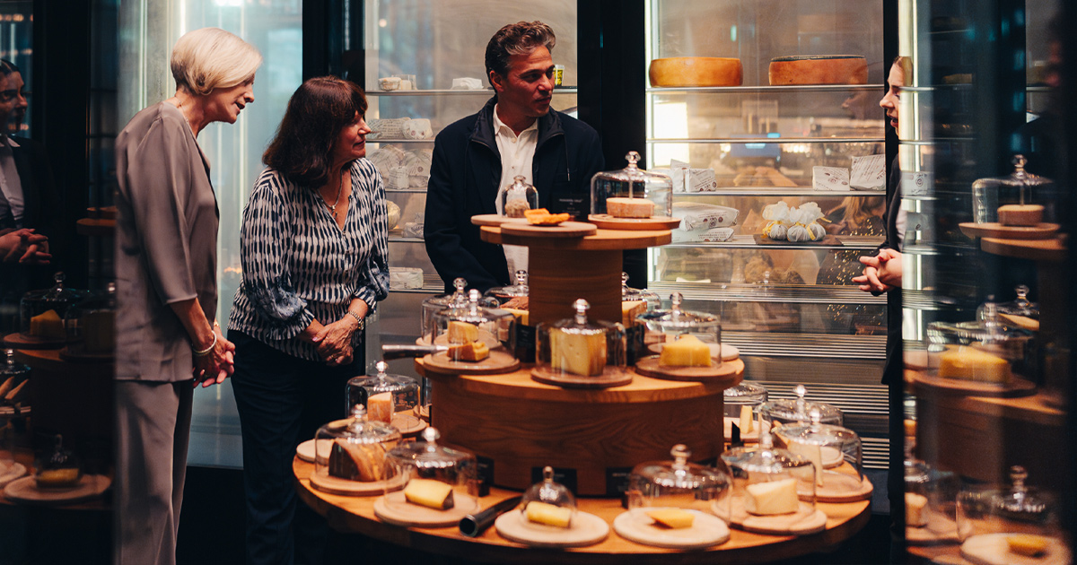 HM guests are introduced to the cheese room at the Chedi hotel, Switzerland