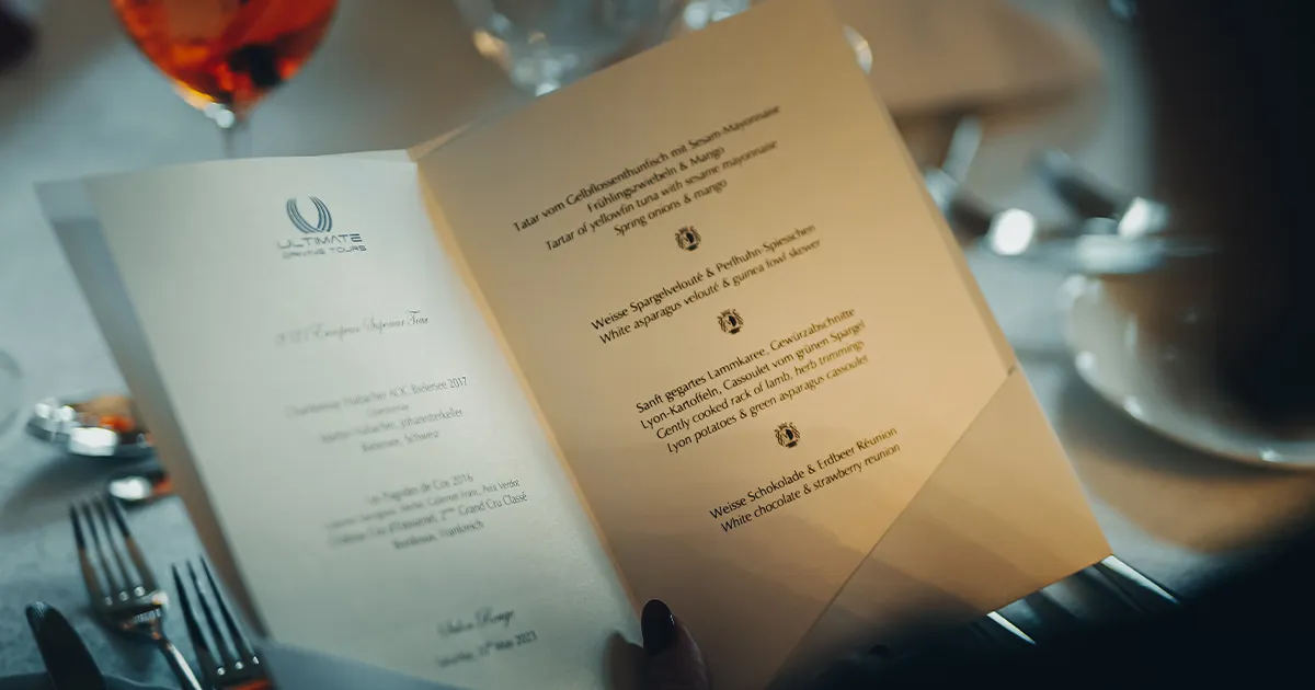 A dinner menu for a fine dining restaurant adorned with the HunterMoss logo.