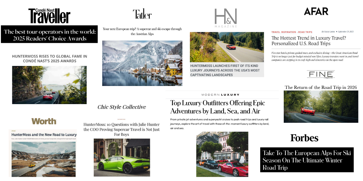 A montage of high-end media mentions and articles for HunterMoss