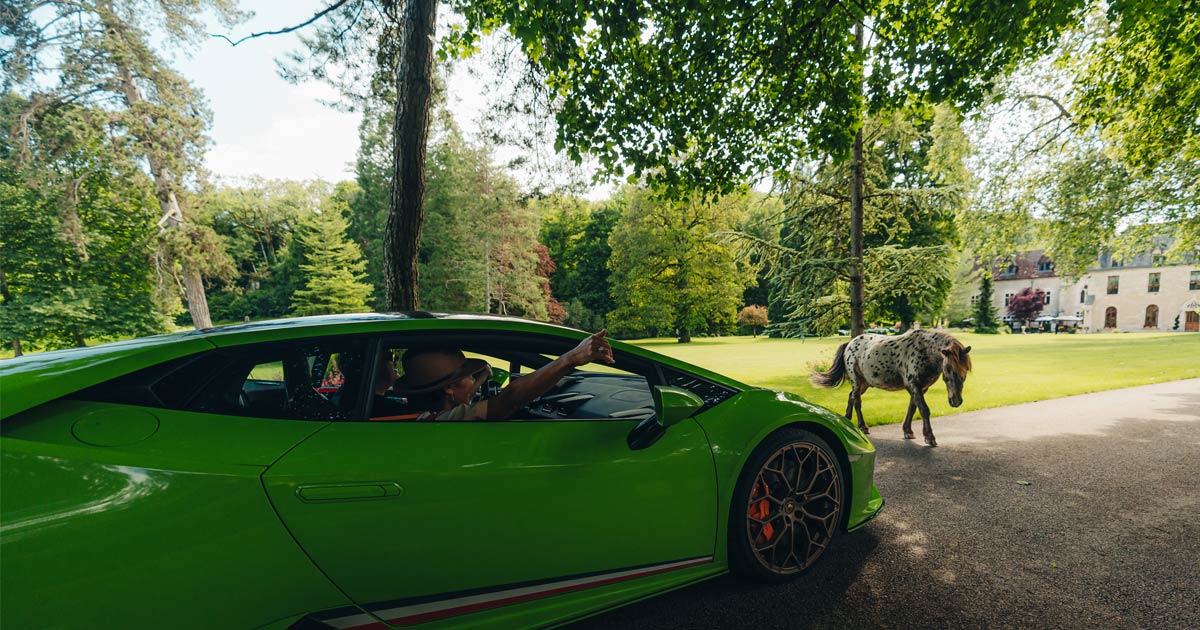 A small pony crosses a private road as a green Lamborghini Huracan waits for it to pass as part of a luxury tour