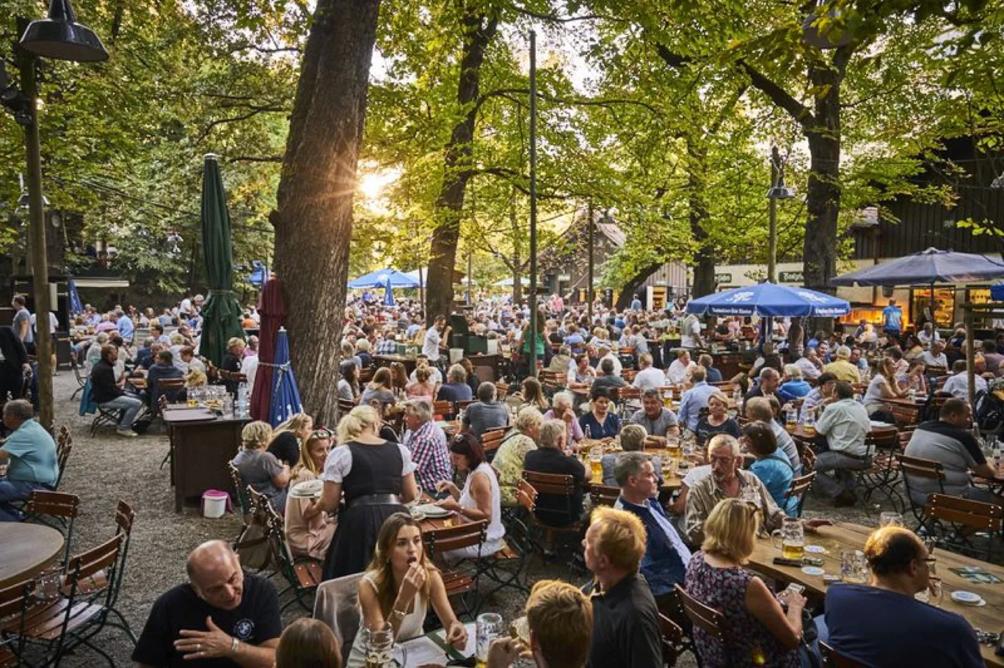 Traditional Bavarian food during Oktoberfest including pork knuckle sausages and steins
